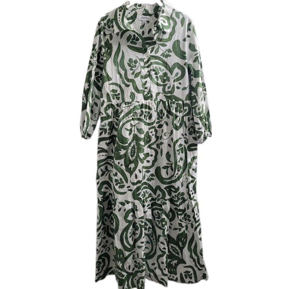 Tahari Arthur S Levine Dress M Green White Botanical Cotton Tiered Maxi Pockets